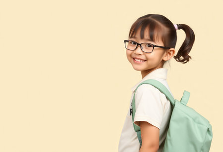 A portrait of a young girl in glasses with a green backpack, smiling against a yellow background.の素材