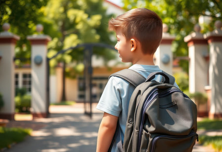 A young boy with a backpack stands by a gate, looking away, with a sunny day and green trees in the background.の素材