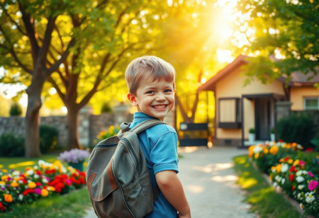 A young boy with a backpack smiles brightly as he walks through a sunny garden towards a house.の素材