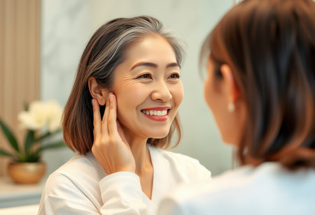 A close-up portrait of a woman smiling and touching her face while looking in the mirror.の素材