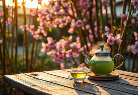 A teapot and cup of tea, steaming with heat, sit on a wooden table in front of a blurred background of pink flowers.の素材