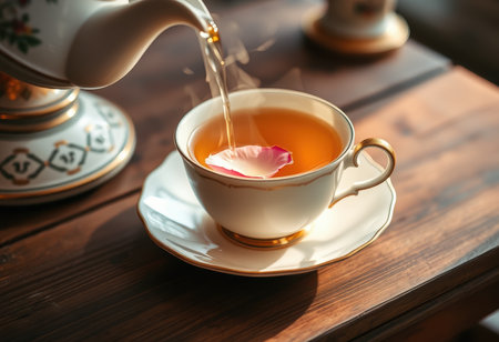A porcelain teacup with a rose petal floating in it, being poured from a teapot on a wooden table.の素材
