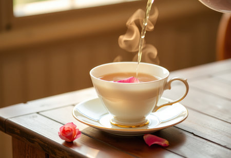 A close-up of a porcelain teacup with a rose petal floating in it, steam rising from the hot tea, and a rose petal on a wooden table.の素材
