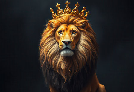 A close-up portrait of a lion wearing a golden crown against a dark background.の素材