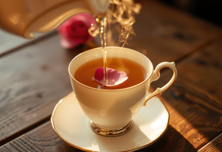 A close-up image of a rose petal infused tea being poured into a white teacup with a gold rim.の素材