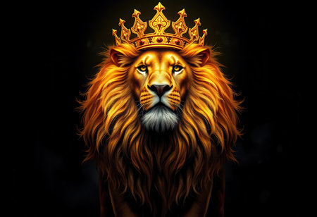 A lion, rendered in a painterly style, wearing a golden crown, set against a dark background.の素材