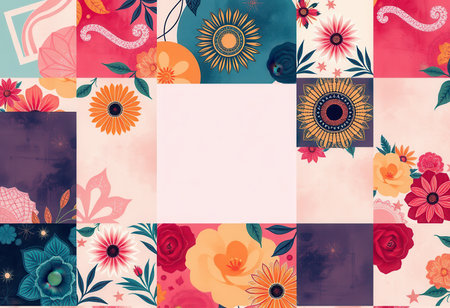 A colorful, abstract collage of floral elements with a central blank square.の素材