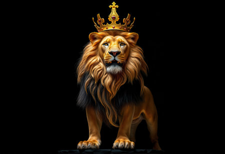 A powerful lion wearing a golden crown stands confidently against a black background, symbolizing royalty and strength.の素材