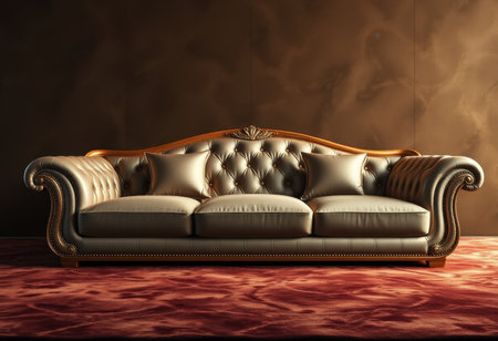 A luxurious, gold and silver upholstered sofa with tufted cushions sits on a red carpet in a modern interior setting.の素材