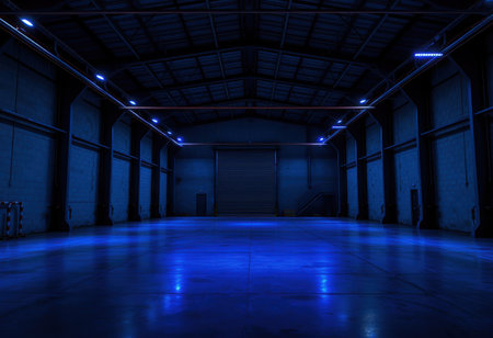 A dimly lit, spacious warehouse with blue lighting, highlighting the metal beams and a closed roller door.の素材