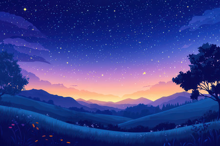 A digital illustration of a peaceful nighttime landscape with a star-filled sky, rolling hills, and a single tree in silhouette.の素材