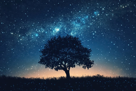 A lone tree stands in silhouette against a dark night sky, filled with countless stars and a faint milky way.の素材