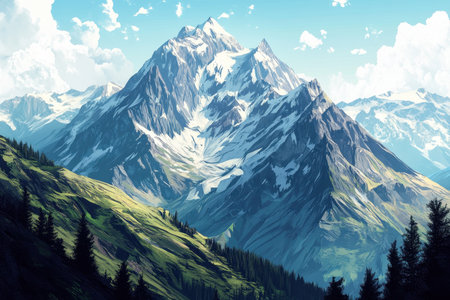 A majestic snowy mountain peak rises above lush green slopes with a forest of pine trees in the foreground.の素材