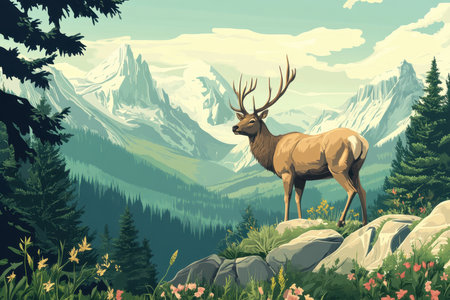 An elk with large antlers stands on rocks in a mountain forest, with a view of the snow-capped peaks and a blue sky with clouds in the background.の素材