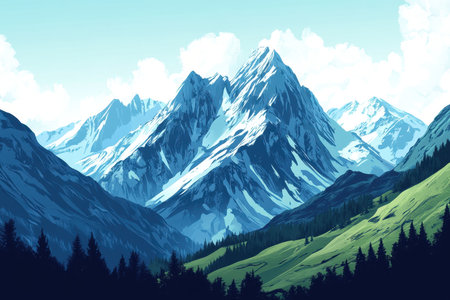A picturesque mountain range with snow-covered peaks, lush green slopes, and a dense forest in the foreground, against a backdrop of a blue sky and fluffy white clouds.の素材