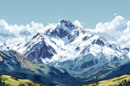 A picturesque depiction of a snow-capped mountain range rising dramatically against a cloudy sky.の素材