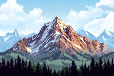 A digital illustration of a majestic mountain range with snow-capped peaks and a forested base.の素材