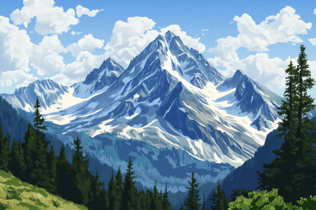 A majestic mountain range with snow-covered peaks rises above a lush green forest under a clear blue sky.の素材