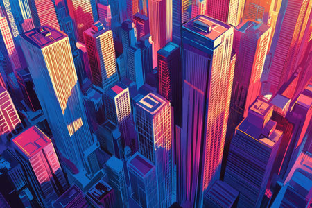 A digitally painted illustration depicting a cityscape with skyscrapers in abstract colors and geometric shapes.の素材