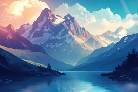 A tranquil mountain lake with snow-capped peaks, fluffy clouds, and a serene blue sky, creating a sense of peace and tranquility.の素材