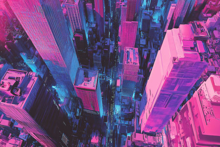 An aerial perspective of a city, with skyscrapers illuminated in vibrant pink and blue neon hues, creating an abstract and futuristic atmosphere.の素材