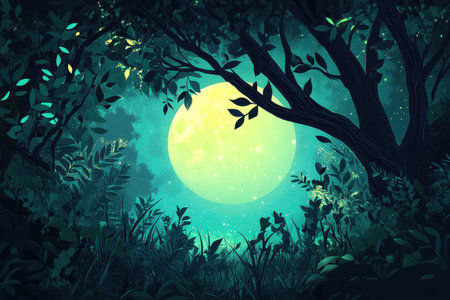A digital illustration depicting a lush forest canopy under the illumination of a large, bright moon.の素材