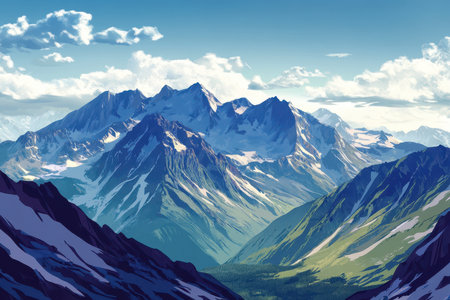 A stunning digital illustration of a snow-capped mountain range against a blue sky with white clouds.の素材