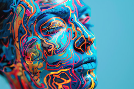 A close-up portrait of a woman&#39;s face with an abstract paint design featuring vibrant colors and bold lines.の素材