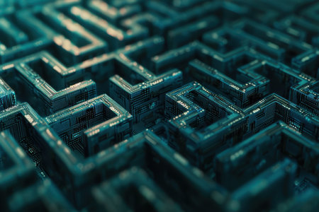 A close-up view of an abstract circuit board maze, featuring intricate pathways and a futuristic, digital aesthetic.の素材