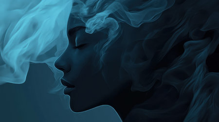 A digital illustration of a woman's face, partly obscured by ethereal blue smoke, creating a sense of mystery and beauty.の素材