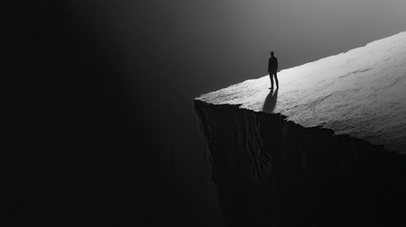 A single, black figure stands alone on a white, cliff edge, illuminated by a bright light.の素材