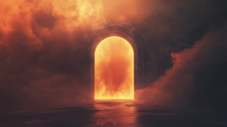 A digital illustration of an arched gateway leading to a glowing orange void surrounded by smoky clouds.の素材