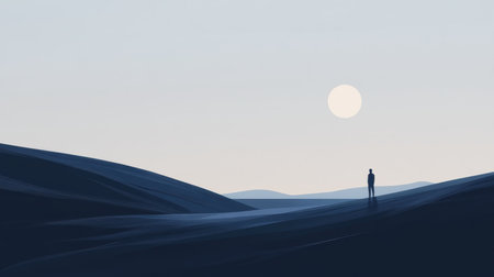 A single silhouette of a person standing on a wavy blue landscape with a white circle in the sky.の素材