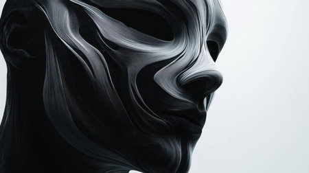 A close-up view of an abstract sculpture in black and white, resembling a human face, with detailed lines and curves.の素材