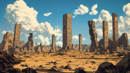 A desolate desert landscape with tall, ancient, weathered stone pillars and eroded rocks, suggesting a long-lost civilization.の素材