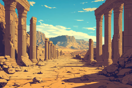 A view down a pathway of weathered stone pillars in an abandoned temple, set against a backdrop of desert mountains and a bright blue sky.の素材