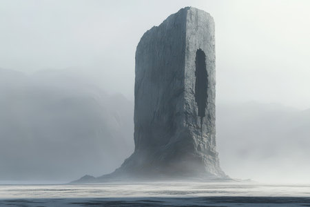A solitary, tall rock formation with a large gap in its side, standing alone in a misty and desolate landscape.の素材