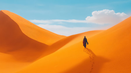 A lone traveler walks across an expansive desert landscape.の素材