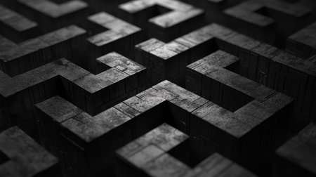 A close-up abstract image of a repeating geometric pattern of interlocking squares in black and white.の素材