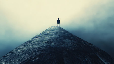 A solitary figure stands on a cliff edge overlooking a misty landscape, creating a sense of isolation and contemplation.の素材