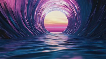A surreal, abstract tunnel formed by a wave with a sunset view at the end.の素材