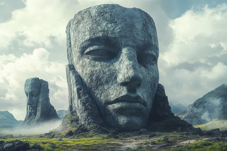 A large stone face carved into a mountain, overlooking a foggy valley with green hills.の素材