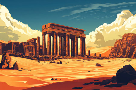 A view of ancient ruins with columns, set in a vast sandy desert under a bright blue sky with puffy white clouds.の素材