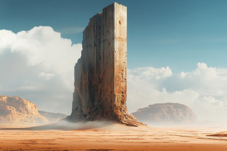 A solitary, tall, eroded rock formation stands in a vast, dusty desert landscape.の素材
