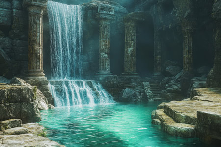 A waterfall flows through a serene, ancient ruin, cascading into a turquoise pool.の素材
