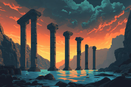 A digital illustration of ancient ruins, particularly columns, emerging from the sea at sunset, with a dramatic sky and cliffs surrounding the scene.の素材