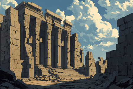 A digital illustration depicting the ruins of an ancient temple with sunlight highlighting stone columns and steps.の素材