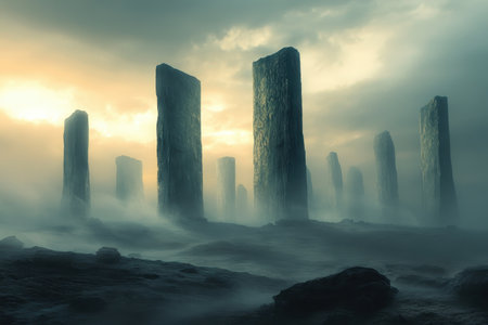 A scene with several tall stone pillars standing in a misty and desolate landscape.の素材