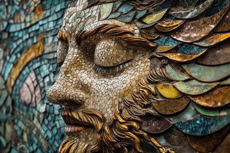A detailed close-up of a mosaic man&#39;s face, highlighting the texture of the artwork and the intricate details of the eyes and beard.の素材