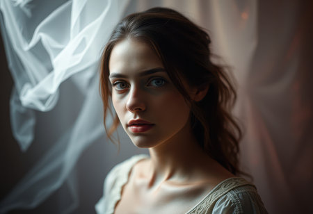 A close-up portrait of a young woman with long brown hair, blue eyes, and a soft, delicate expression.の素材